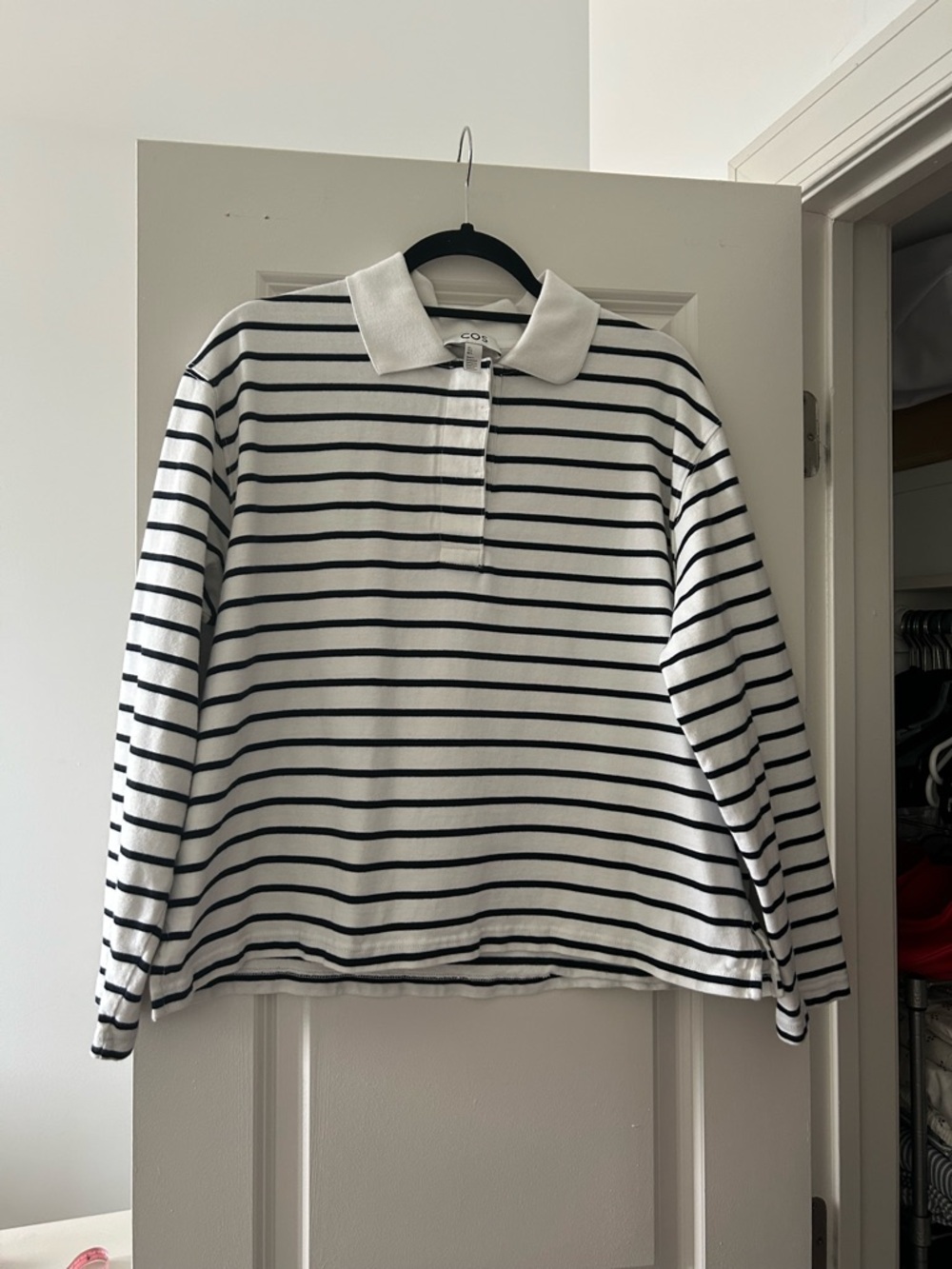 COS White Polo with Navy Stripes, size large